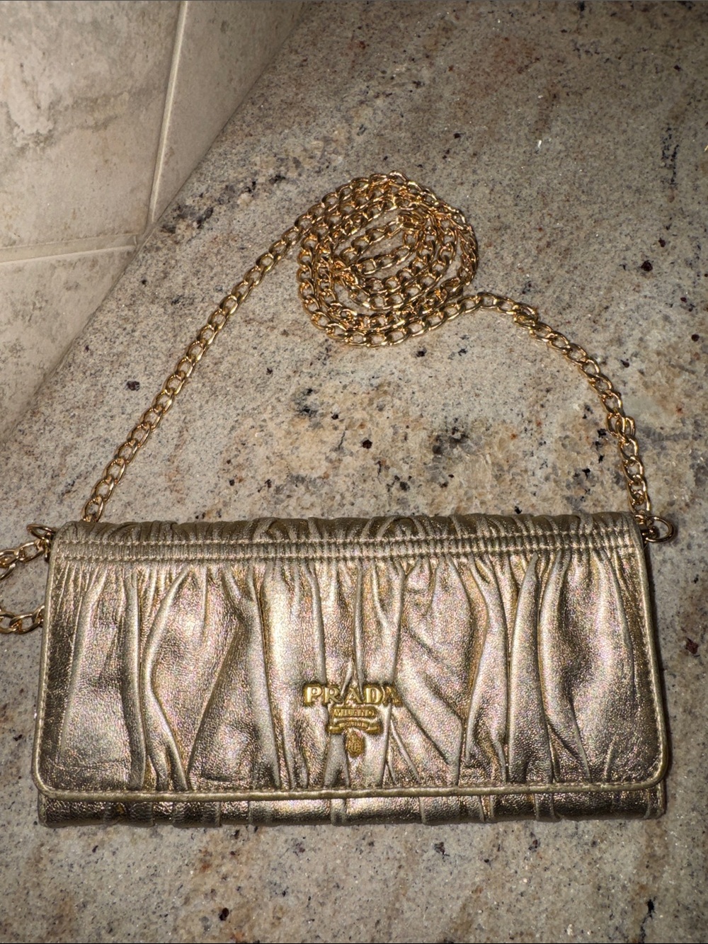 Prada Metallic Gold Ruched Leather Wallet